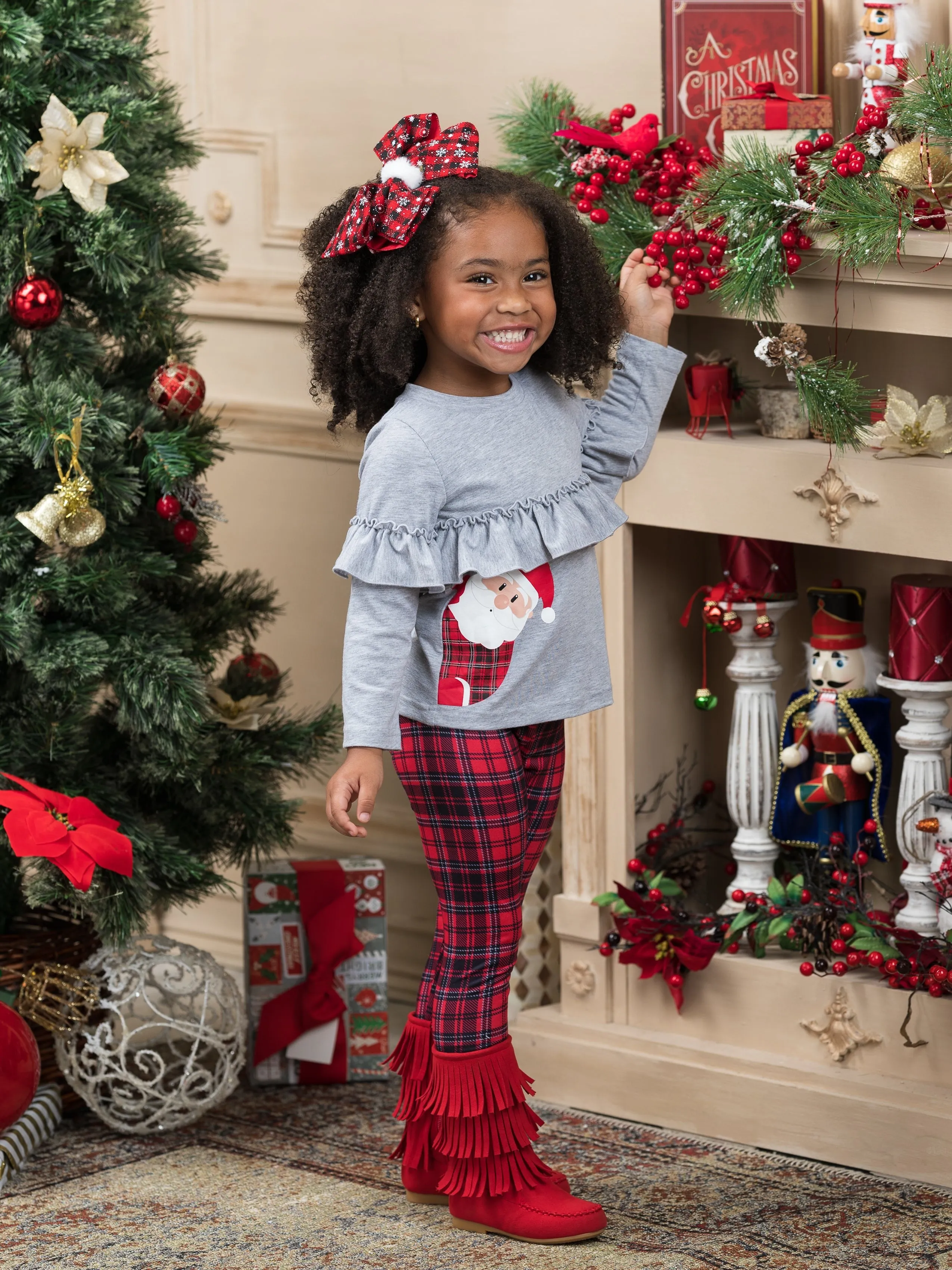 PeekABoo! Santa Is Here! Top and Plaid Legging Set