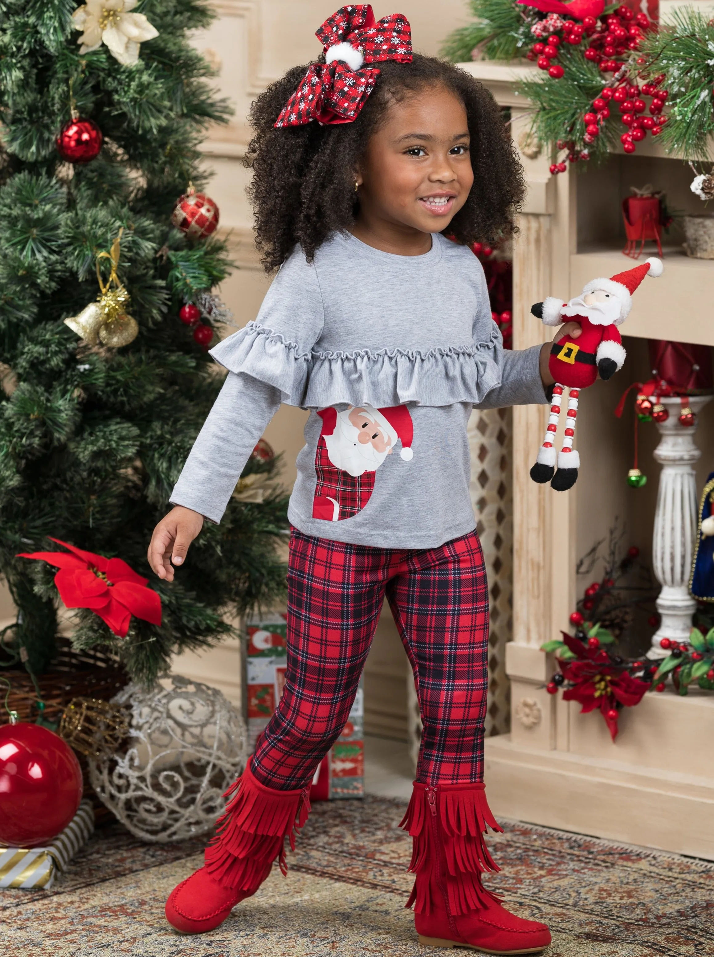 PeekABoo! Santa Is Here! Top and Plaid Legging Set