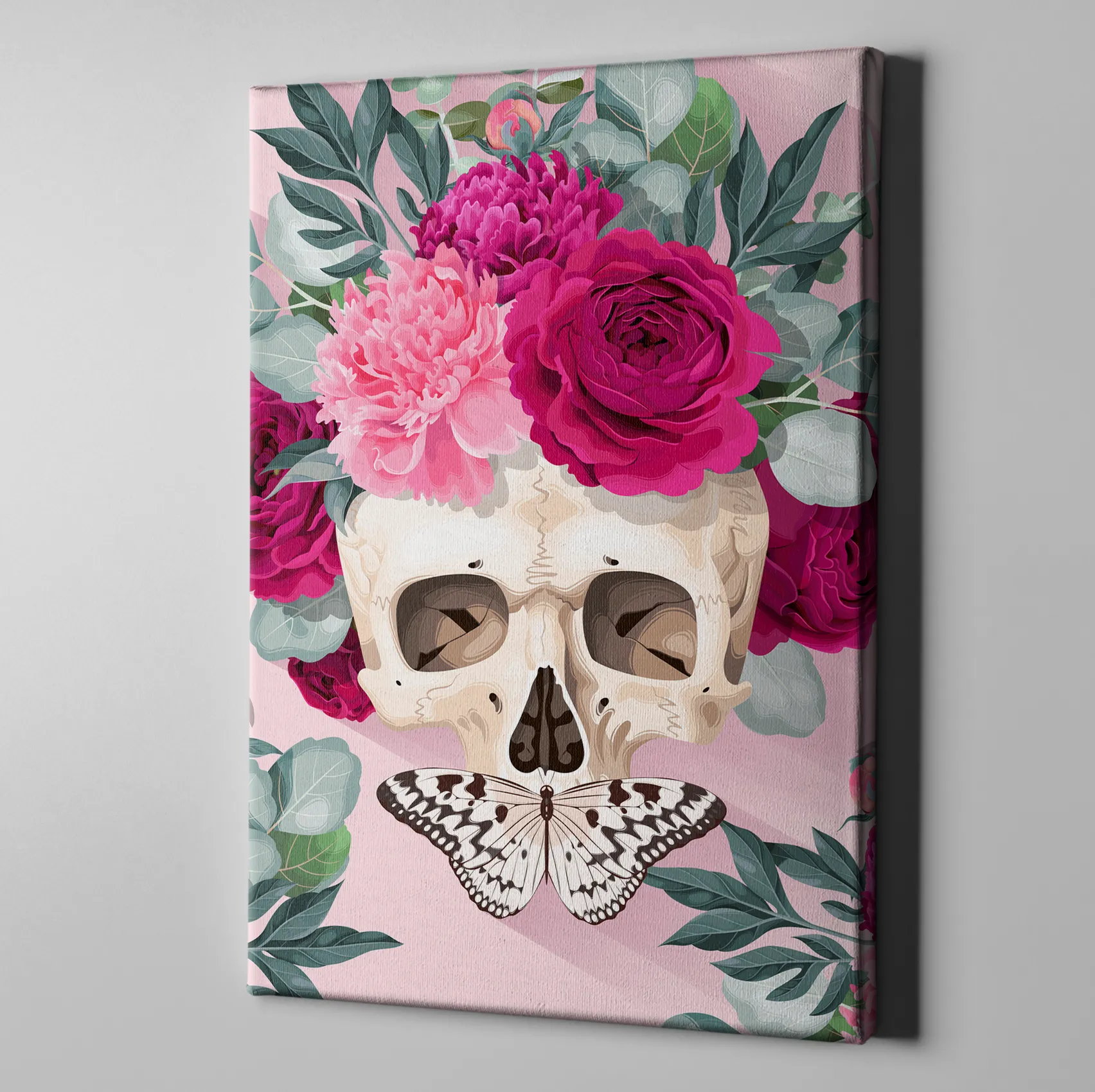 Powder Pink and Fuchsia Rose Butterfly Skull Gallery Wrapped Canvas