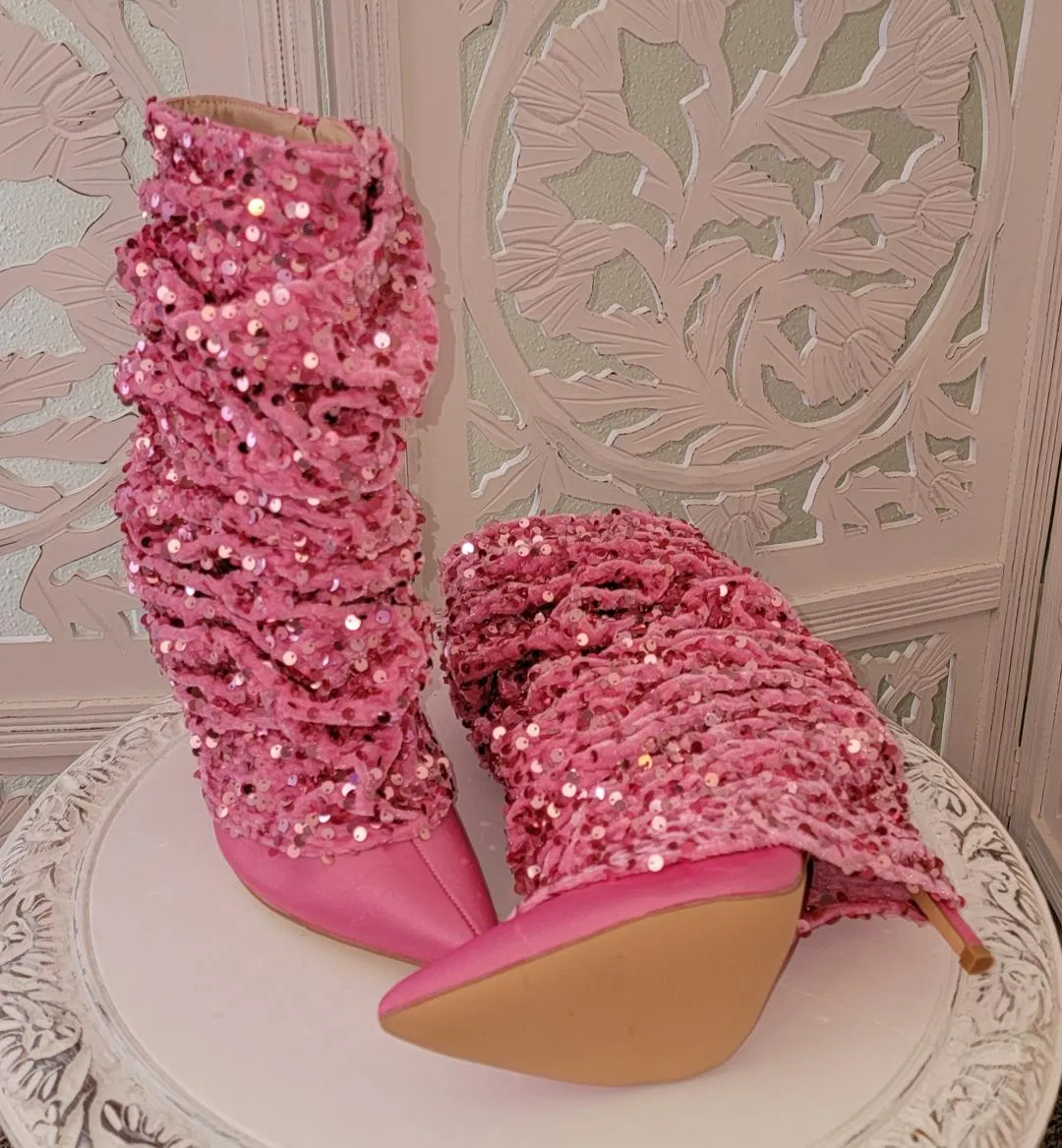 "THEA" Bubblegum Pink Satin Sequin Velvet Ankle Boots