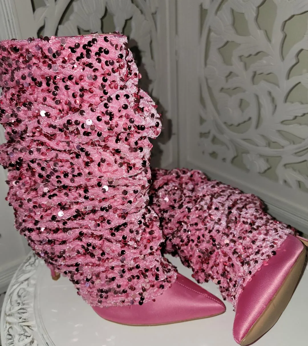 "THEA" Bubblegum Pink Satin Sequin Velvet Ankle Boots