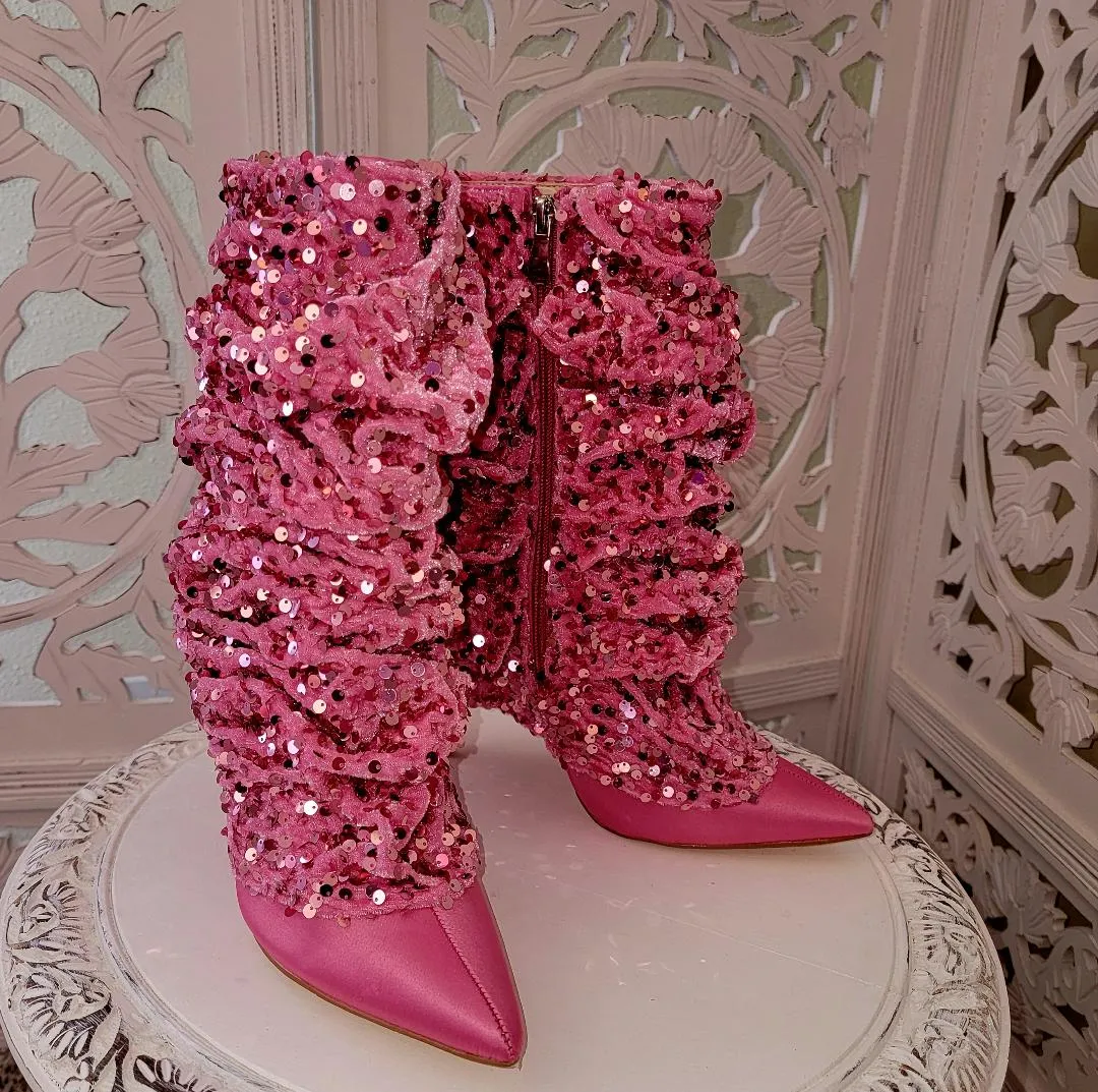 "THEA" Bubblegum Pink Satin Sequin Velvet Ankle Boots