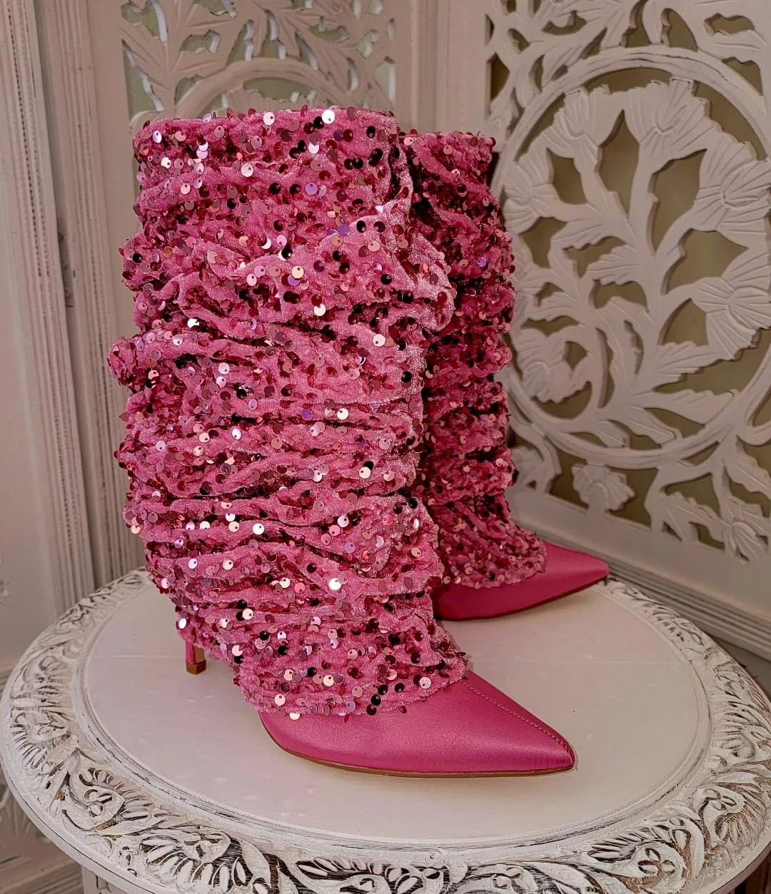 "THEA" Bubblegum Pink Satin Sequin Velvet Ankle Boots