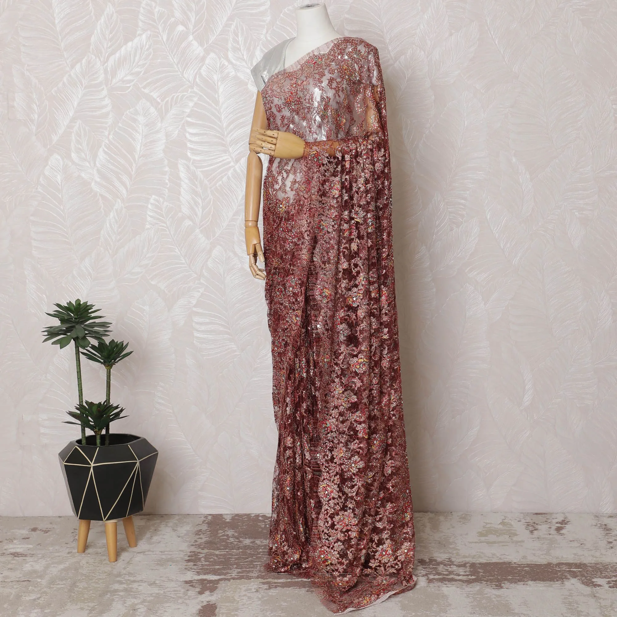 Rose Gold Radiance Chantilly Lace Fabric with Dazzling Stone Work, 110cm Width - Deluxe 5.5m Cut, Excludes Blouse Piece-D17857