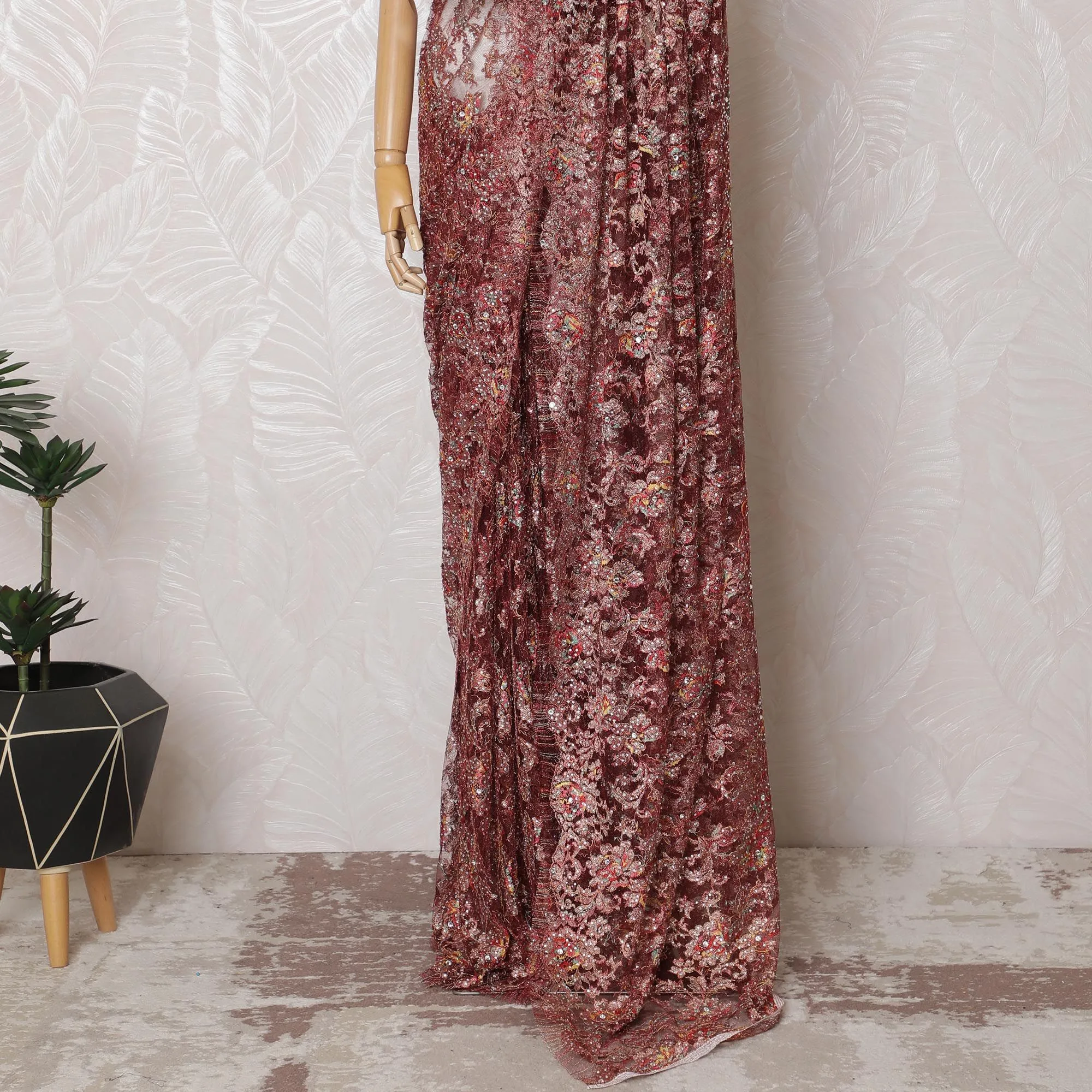 Rose Gold Radiance Chantilly Lace Fabric with Dazzling Stone Work, 110cm Width - Deluxe 5.5m Cut, Excludes Blouse Piece-D17857