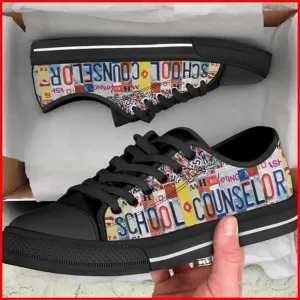 School Counselor License Plates Canvas Low Top Shoes, Low Top Sneaker, Low Top Canvas Shoes