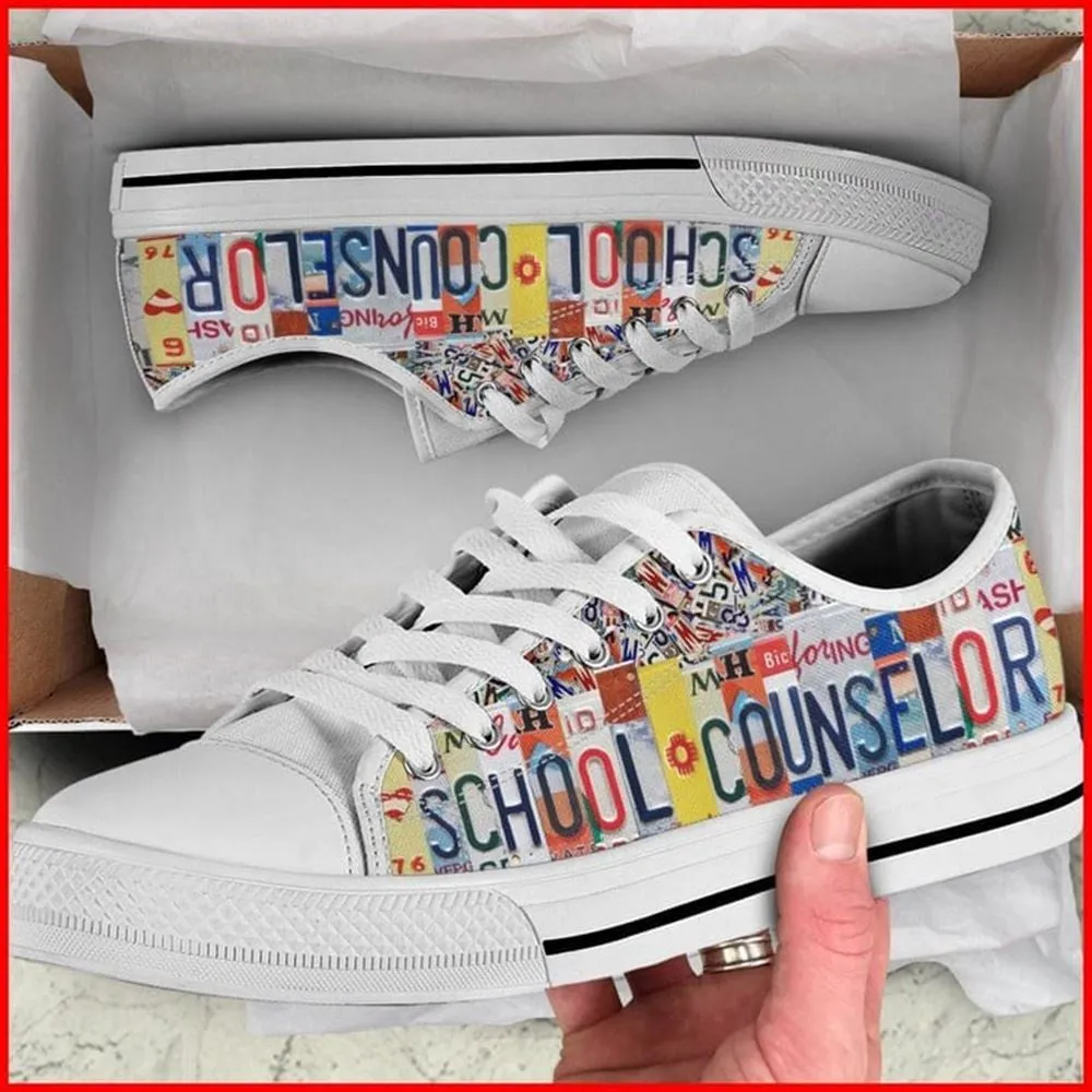 School Counselor License Plates Canvas Low Top Shoes, Low Top Sneaker, Low Top Canvas Shoes