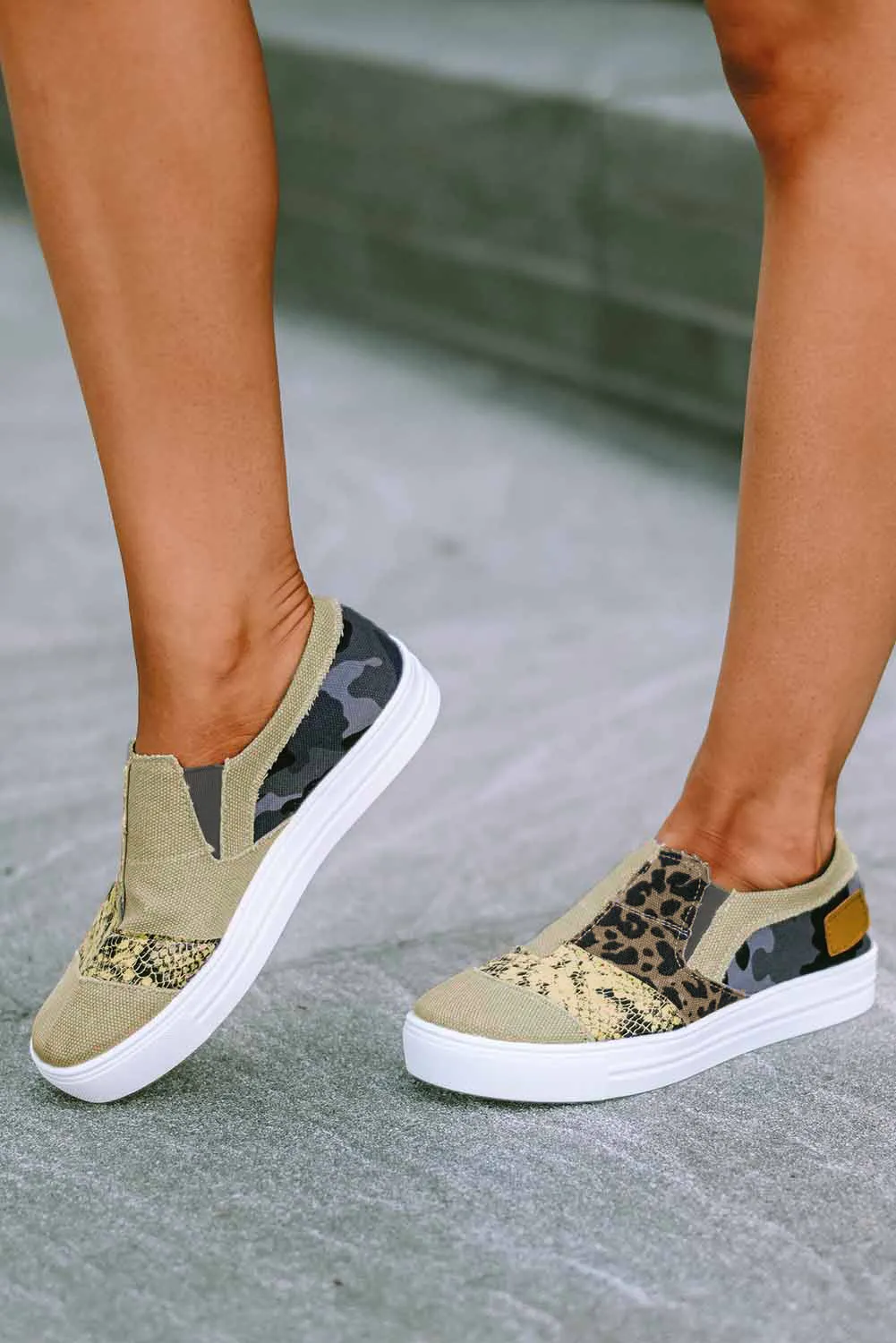 Slip On Canvas Sneakers for Women Animal Print Camouflage Patchwork Walking Shoes