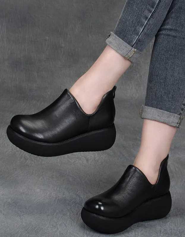 Spring Retro Leather Round Head Wedge Shoes