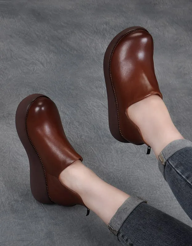 Spring Retro Leather Round Head Wedge Shoes