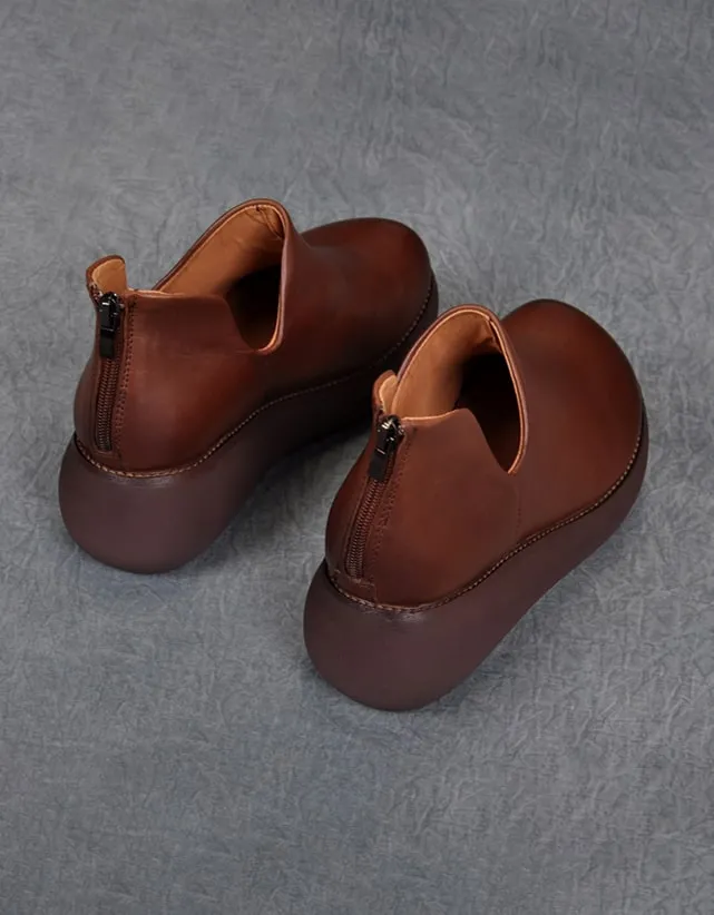 Spring Retro Leather Round Head Wedge Shoes