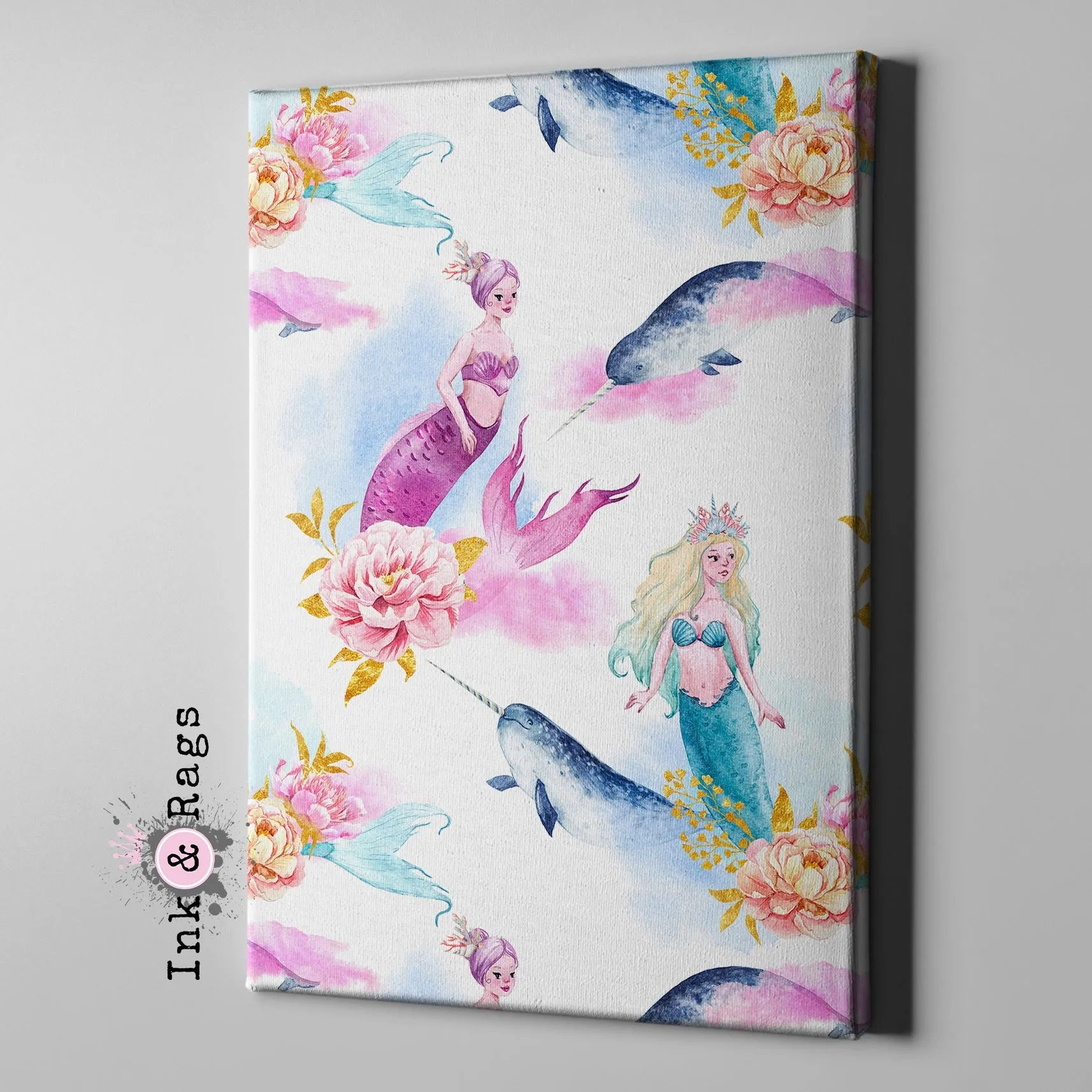 Watercolor Mermaid Narwhal and Peony Gallery Wrapped Canvas