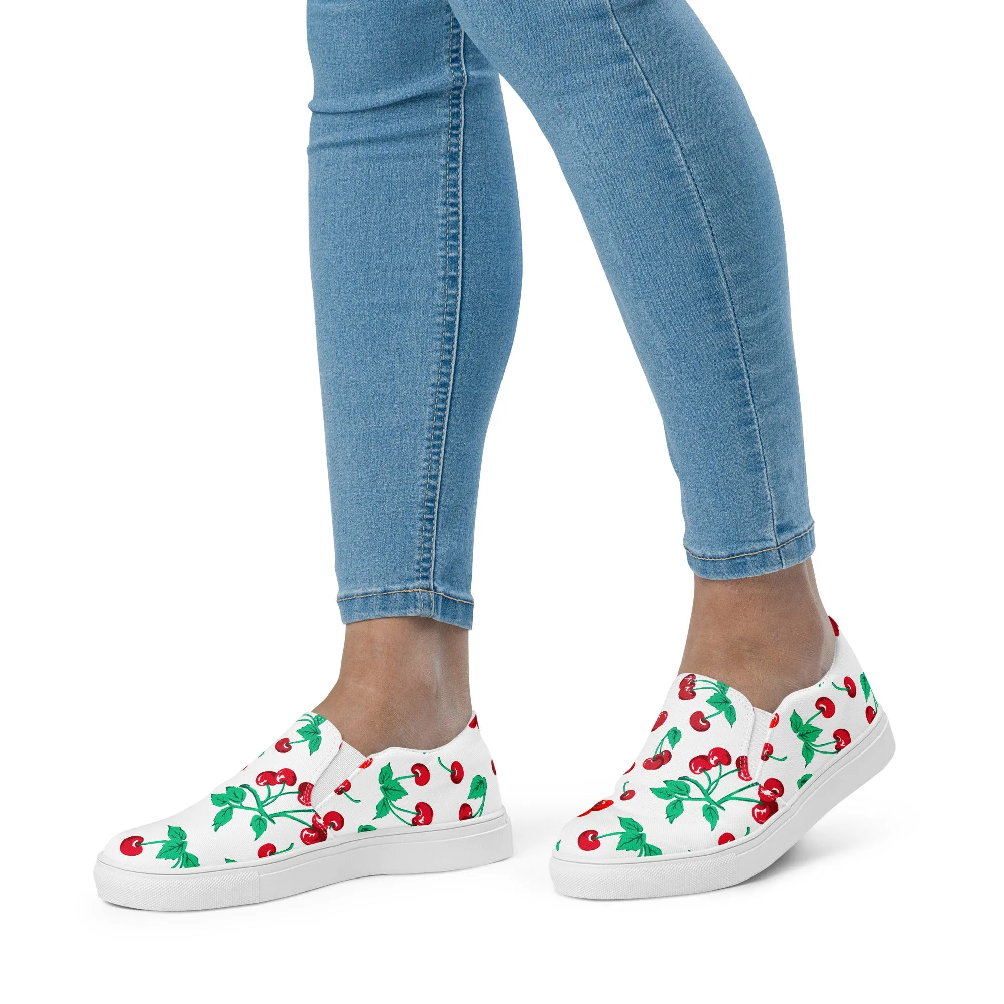 White Chocolate Cherry Print Women’s Canvas Slip-On Deck Shoes | Pinup Couture Relaxed