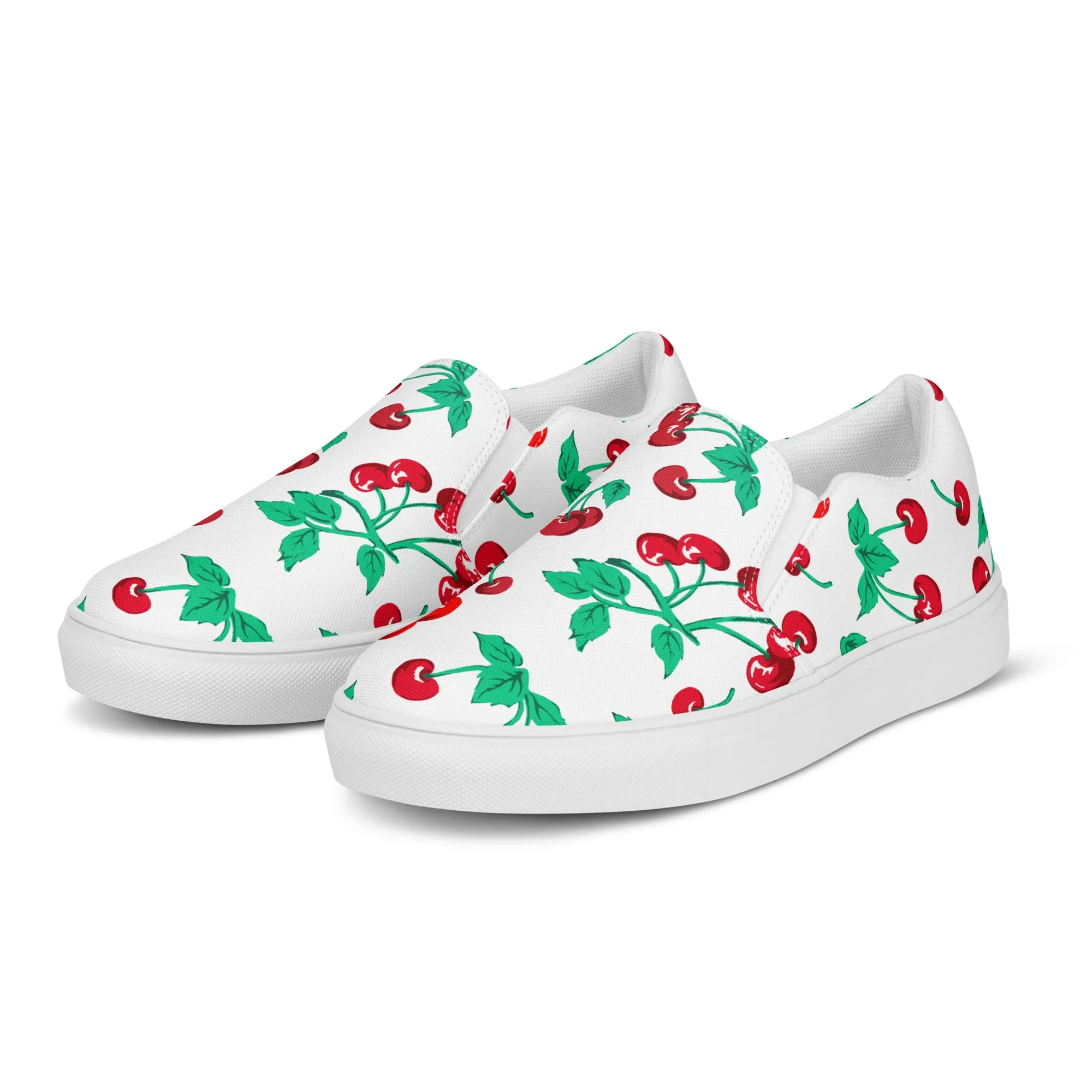 White Chocolate Cherry Print Women’s Canvas Slip-On Deck Shoes | Pinup Couture Relaxed